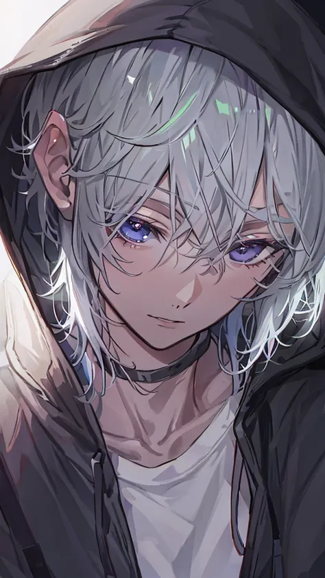 A male high school student who is creepy as a downer, shortcut, Gray Hair,  top quality,  textured skin, Sleepy purple eyed ,  black hood , character portrait , Wearing a hood,  anime style, Moist and glossy lips,