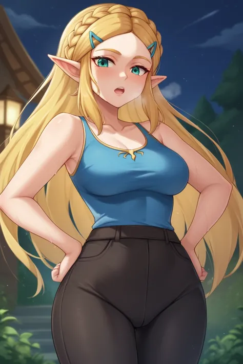 masterpiece, best quality, highres, aazelda, Princess_Zelda, long hair, crown braid, hairclip, pointy ears, blue tanktop,, black pants with yellow stripes, tight pants, night, standing, cowboy shot, outdoors, out of breath, sweaty, sweating, hands on hips,...