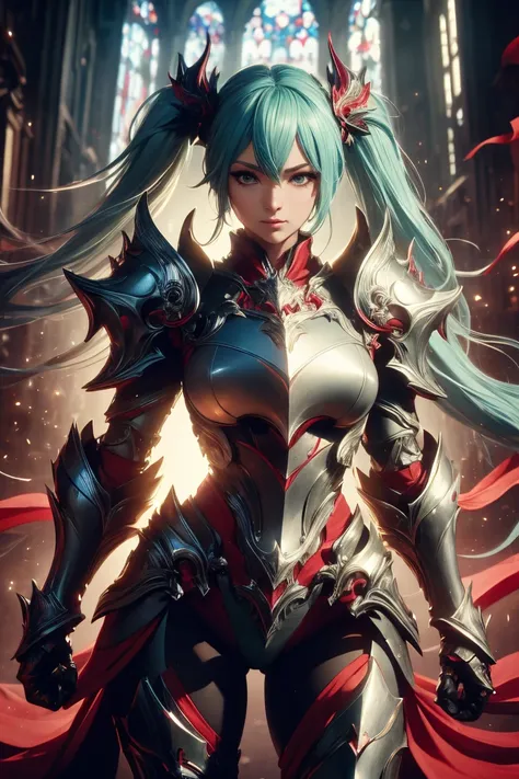 masterpiece, top quality, 8K Hatsune Miku VOCALOID, 1woman, ((dragon knight armor)), full armor, (knight armor), black tights, church,((Knight Girl)), ((Knight Armor Warrior)), ((DRAGON armor)), (Cybernetic Leotard ), Masterpiece, Top Quality, Ultra-Detail...