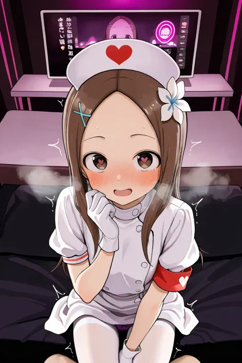 NSFW, Masterpiece, top quality, high resolution, very detailed,Takagi\(からかい上手のTakagi\), with long hair 、 Hair、Forehead、clavicle、 hair flower、x-shaped hair ornament、 nurse cap、 Detachable Collar 、 strap、 white dress、Short sleeve、Puffy sleeves、 bandaged arm ...