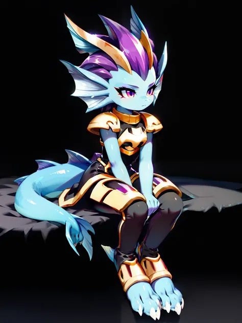 Anime, ((anime style)), solo drawing, solo, ((Three-Quarter view)), ((Solid Black Background)), ((vivid purple eyes)), ((draconic ear fins)), ((head fin)), ((tall figure)), ((sitting with arms folded)), tired expression, ((digitigrade legs)), ((digitigrade...