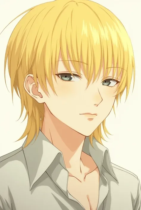 masterpiece, high detail, anime, male, 28 years old, male, yello blond hair, neck length hair, bowl cut bangs straight across forehead, stick straight hair, hikaro shinji, Bleach