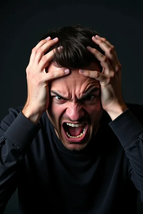 A furious man with an intense expression, his hands gripping his head in frustration. His eyes are wide, eyebrows furrowed, and his mouth slightly open, showing his anger. The background is dark and moody, enhancing the tense atmosphere. Dramatic lighting ...