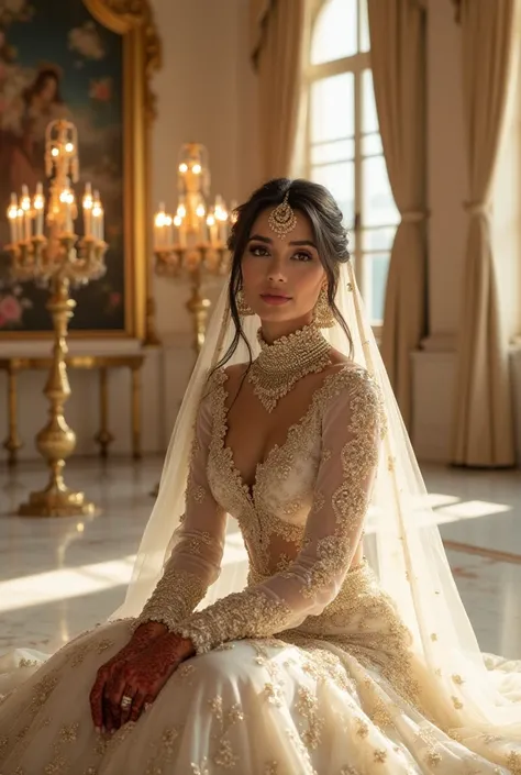 Stunning bride wears luxurious golden white traditional wedding dress,  embellished with intricate embroidery and embellishment .  She sits gracefully on the floor in an elegant setting ,  like a kingdom with warm golden lighting .  This dress has delicate...