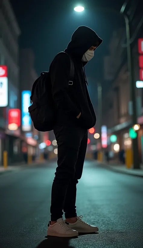 A 30-year-old man wearing a black hooded jacket. black pants White sneakers, wearing a mask, carrying a backpack, standing on the side of the road alone. There's a little bit of light. Disappointed, very realistic, very detailed, nightclub