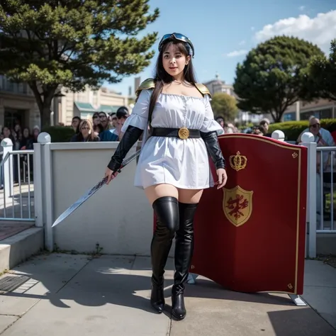 ((((Bbw)))) a woman in a dress holding a sword, long hair, red eyes, thighhighs, standing, weapon, flower, white hair, boots, outdoors, sky, armor, high heels, zettai ryouiki, helmet, shoulder armor, shield, red thighhighs