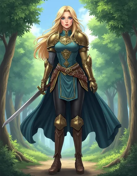  A tall , athletic woman with blond hair and bright eyes,  perfect body. She wears elegant ,  fluid armor decorated with gold details ... She has 2 .  She is standing in a forest background ..  full body is shown .. It is drawn in anime style .. She is wea...