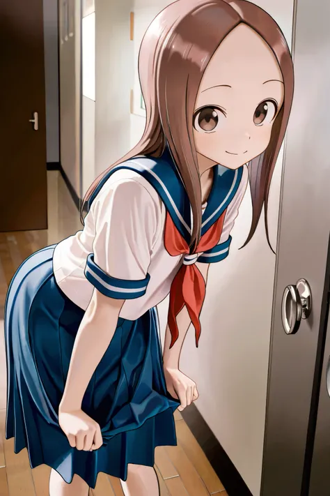 NSFW, Masterpiece, top quality, high resolution, very detailed,Takagi\(からかい上手のTakagi\), with long hair 、 Hair,Forehead、clavicle, sailor suit、 sailor color、 Red Neckerchief、 white shirt、Short sleeve、 pleated skirt、 blue skirt,School, dressing room