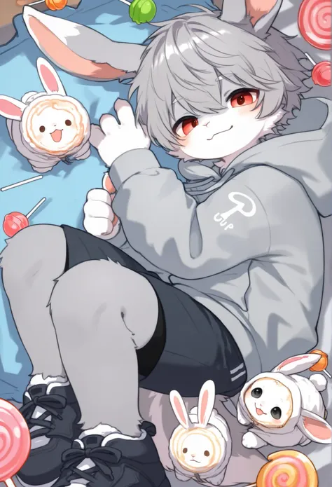 Dwarf rabbit boy，furry boy， grey hair， toddlers，Hooded Sweatshirt ， shorts，Lollipop