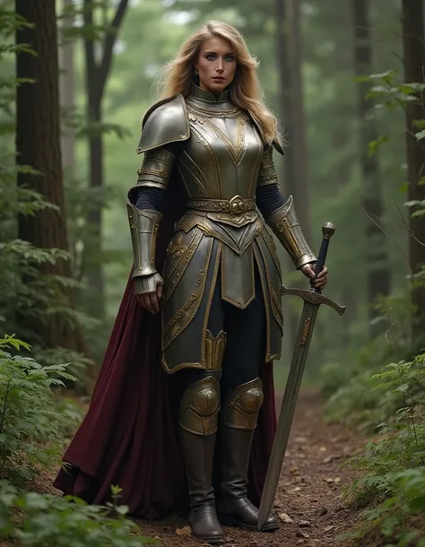  A tall , athletic woman with blond hair and bright eyes,  perfect body. She wears elegant ,  fluid armor decorated with gold details ... She has 2 .  She is standing in a forest background ..  full body is shown . She is wearing leather boots.  She wears ...