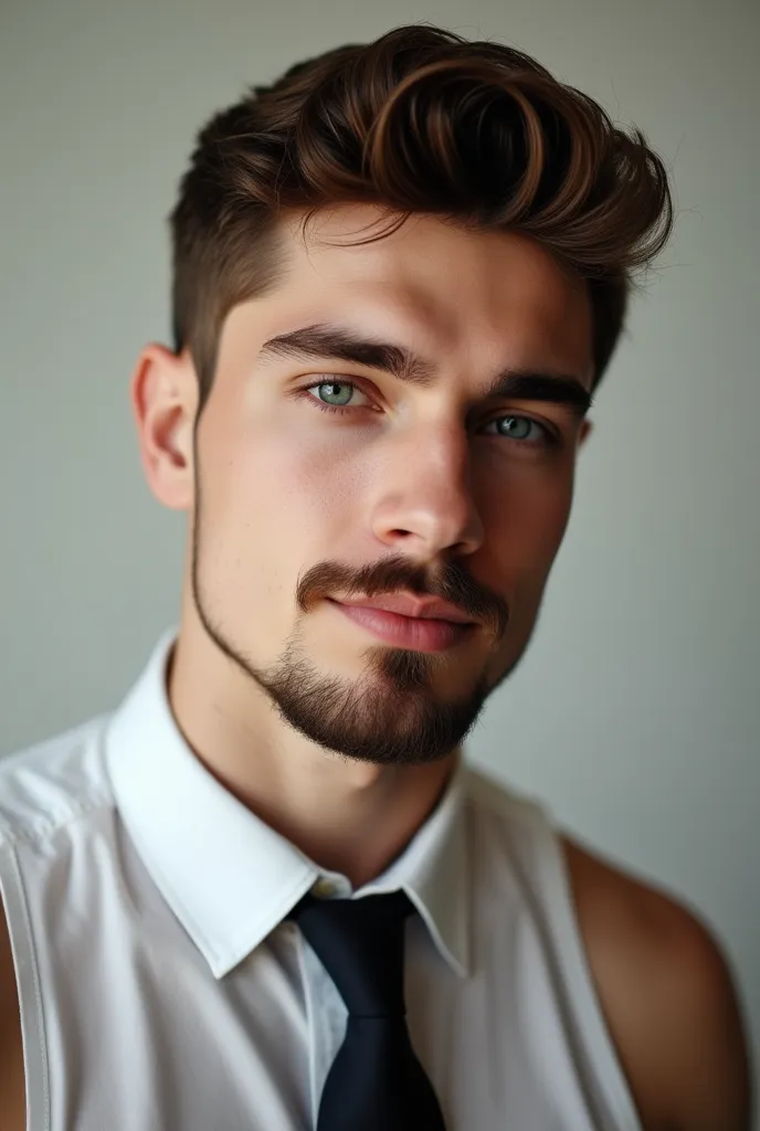 a young white man with a short and modern brown goatee, wearing a tank top and a tie