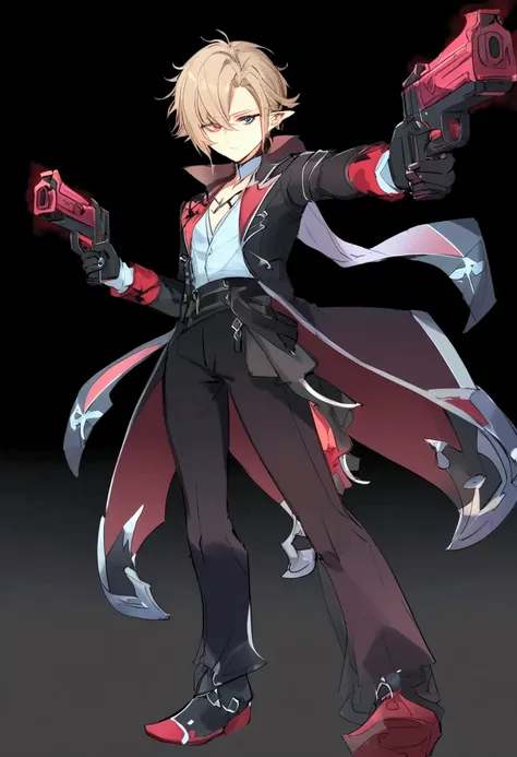 a young adult boy,  male, Eyes with red irises, medium blond hair , white social shirt, red and black coat,  black pants ,  black boots, two magic pistols in hand,  slightly pointed ears .