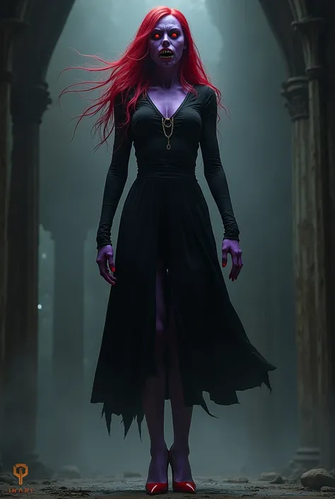 Giant Scary young woman with sharp teeth, light purple skin, long scary tongue, long red hair, and red eyes, wearing medium black long sleeved A-line dress and wearing red pointed toe high heels