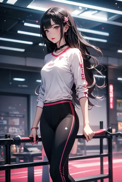 In a gym on a bicycle, she wears sports clothes with long, wavy black hair with red cheeks, wearing makeup, red lips and pink manicure. At the club, an anime girl has long wavy black hair decorated with cute and attractive accessories. The color of the eye...