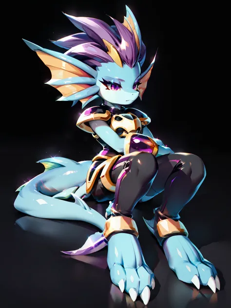 Anime, ((anime style)), solo drawing, solo, ((Three-Quarter view)), ((Solid Black Background)), ((vivid purple eyes)), ((draconic ear fins)), ((head fin)), ((tall figure)), ((laying down)), tired expression, ((digitigrade legs)), ((digitigrade feet)), ((hi...