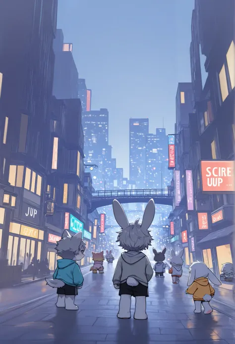 Dwarf rabbit boy，furry boy， grey hair， toddlers，Hooded Sweatshirt ， shorts，City，Street Lights，Bridge