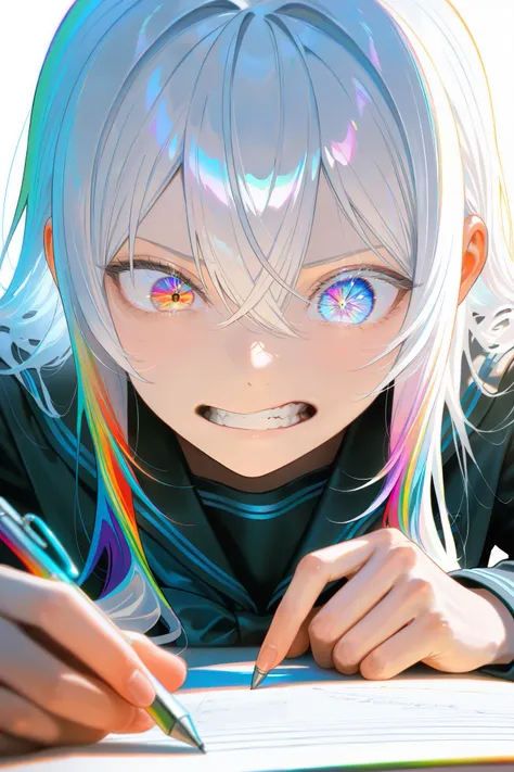 masterpiece, best quality, amazing quality, very aesthetic, absurdres,  newest, scenery, anime, 1girl, teeth, close mouth, school uniform, white background, white hair, long hair, white right eye, rainbow left eye, backlighting, writing with a pen, looking...