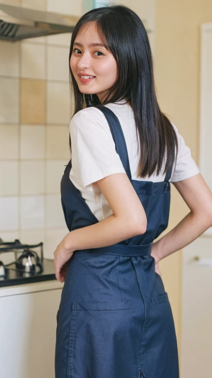  1 girl, solo,  Masterpiece,  high definition model,  very detailed,  black hair, Straight Hair,  thin body、 beautiful back、Back view、 looking back、 blushes,  smiles,  expressions,  kitchen、whole body、I'm wearing a short apron、 not wearing clothes、Ass、nake...