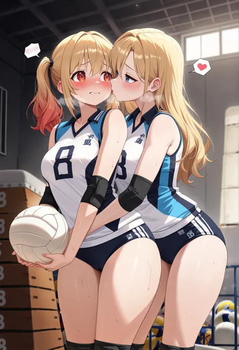 masterpiece, best quality, amazing quality, 2 girl, (gyaru:1.2), volleyball uniform, buruma, holding ball, (yuri:1.2), hugging each other, kiss, holding ball, (young women:1.2), thick thighs, Collared volleyball uniforms, sleeveless, (buruma:1.2), volleyba...