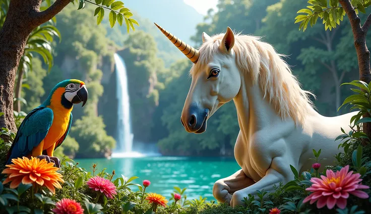 Unicorn and parrot in beautiful place ( realistic photo)