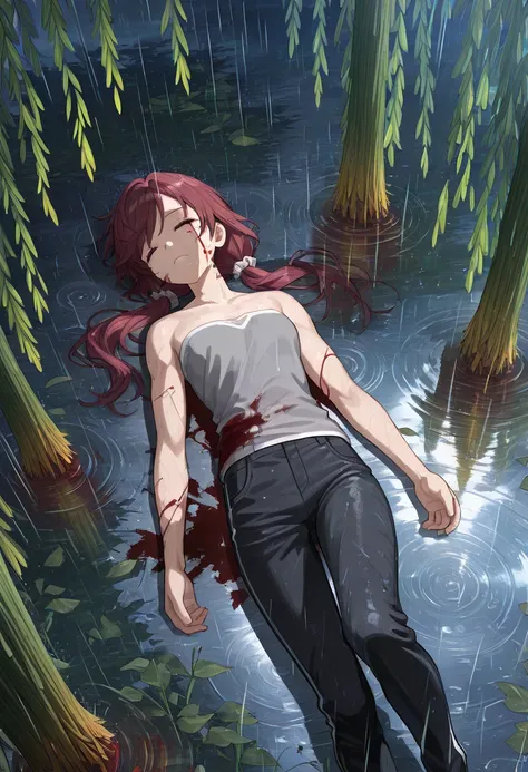 anime, ((close up, from above, unconscious, laying on ground, eyes closed,dark red hair, blood, blood on face, blood on clothes)), hair scrunchie, low twin tails, (strapless gray tank top with white trim,black jeans), ((willow tree leaves, swamp, tall weed...