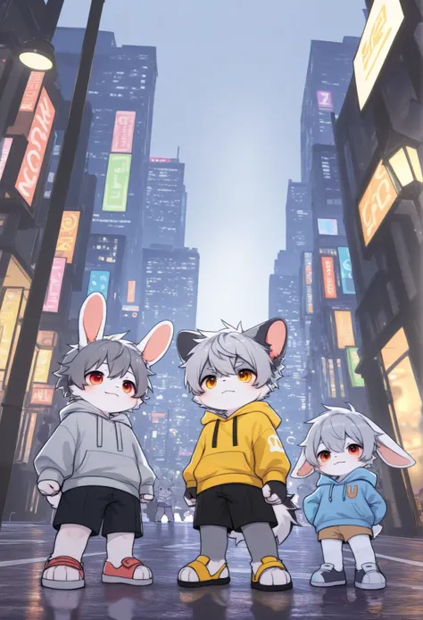 Dwarf rabbit boy，furry boy， grey hair， toddlers，Hooded Sweatshirt ， shorts，City，Street Lights，