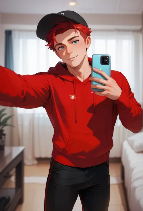 LiaqN.Red haired man.Handsome.Wearing a red hoodie  cap black skinny pants Smelly and Sweaty Socks.Taking a selfie.mobile phone