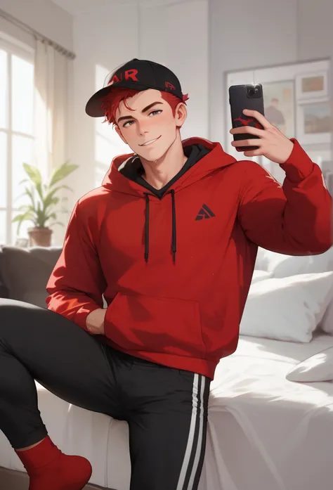 LiaqN.Red haired man.Handsome.Wearing a red hoodie  cap black skinny pants Smelly and Sweaty Socks.Taking a selfie.mobile phone