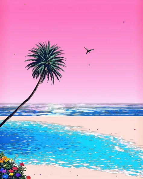 80's city pop art, pink sky, crystal clear sea, tropical, beach, seascape, light particles, wind lines, palm tree, resort, belt of venus,   . (masterpiece, best quality:1.2)