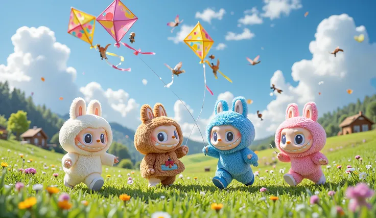 "Four Labubu characters—white, brown, pink, and deep blue (Benhur)—joyfully fly kites in a beautiful grassy field. Each Labubu holds a colorful kite with unique patterns, soaring high in the bright blue sky.
The wind blows gently, making their kites dance...