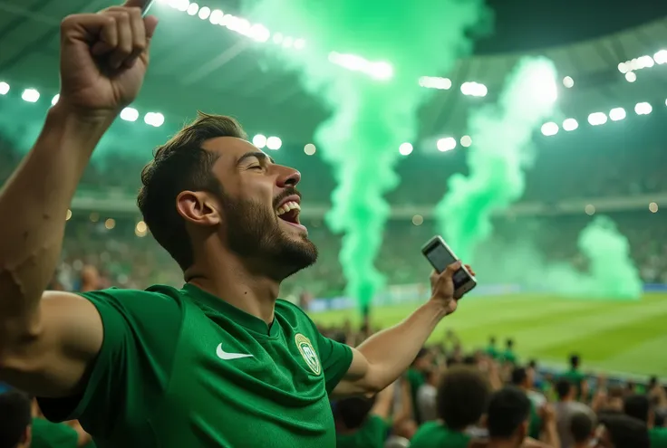 Close Front Photograph of a football fan with perfect white teeth in the stadium, standing in the stands, holding a phone excited celebrating a goal from his team. The entire crowd is standing, cheering, and celebrating. The person is wearing a green footb...