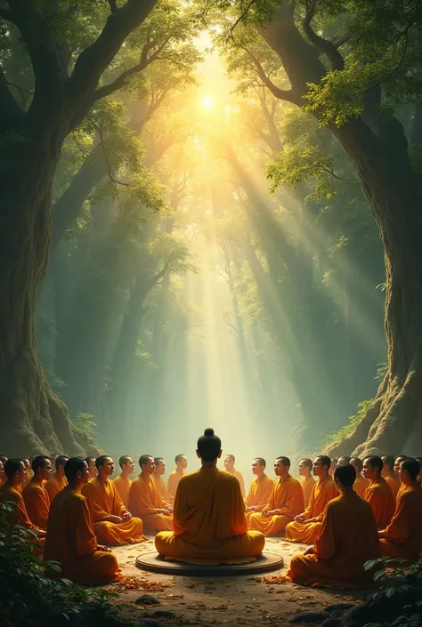 Alive Buddha teaching to fivehundred Monks in the ancient forest.Brahma and Indra are alight from sky as in real life.