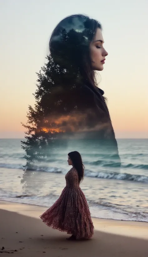 (double exposure of black grim reaper and beautiful woman), [close-up of black grim reaper's face in the distance above: beautiful woman standing on the beach, wearing a beautiful dress : 0.25],