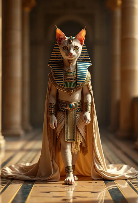 creer moi un chat debout  grand, svelte qui defile avec une tenue égyptienne, pharaon, riche,incroyable, tendance, haute couture , luxe hyper realistic , full hd de bonne qualité sans defauts