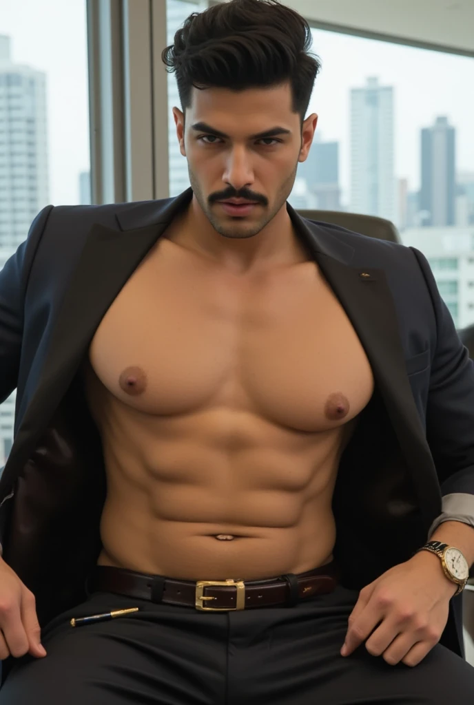 
**"A highly muscular and young Indian businessman with a perfectly sculpted, toned physique. His broad, smooth chest, chiseled abs, and strong, defined arms radiate raw sex appeal. He has a clean-shaven look, but his sharp, masculine features are accentua...