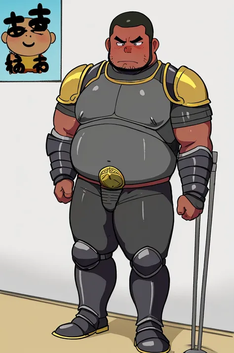 Cartoon network style , (masterpiece, best quality:1.2), 1man, solo, Chubby, Papa, Chubby , Dark-Tan skin , crew cut , ashamed face , Black armor , shoulder armor, breastplate, closed mouth, pauldrons , standing , boots , full body