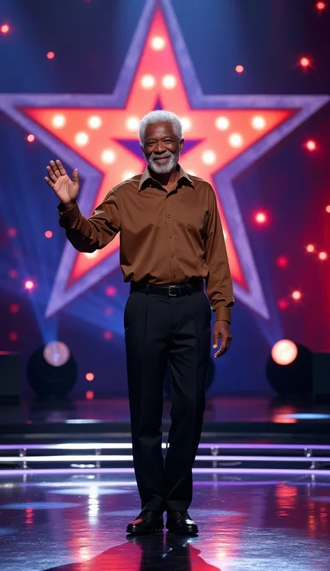 "Create an image of an Morgan Freeman confidently standing on an America's Got Talent stage. The show's logo should be prominently displayed in the background. The stage is brightly lit with sparkling lights, creating an energetic and celebratory atmospher...