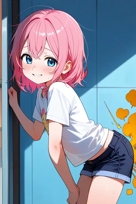 Fart, farting, pink hair, loli, from side, leaning forward, shorts, smile, shy, looking at viewer