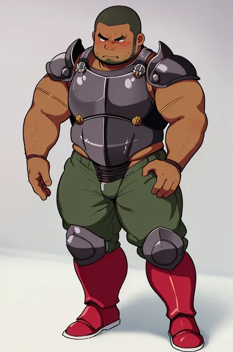 Cartoon network style , (masterpiece, best quality:1.2), 1man, solo, Chubby, Papa, Chubby , Dark-Tan skin , crew cut , ashamed face , Black armor , shoulder armor, breastplate, closed mouth, pauldrons , standing , boots , full body