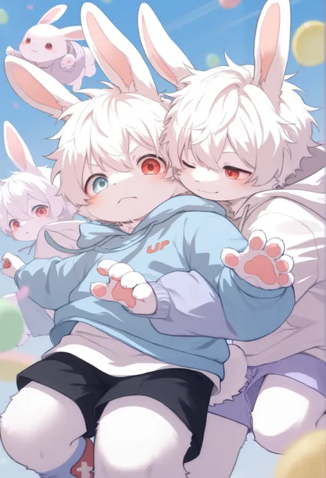 Dwarf rabbit boy，furry boy， white hair ， toddlers，Hooded Sweatshirt ， shorts，