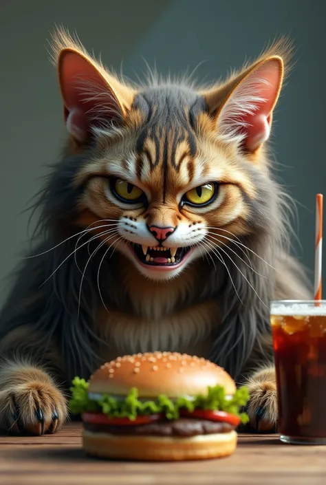  cat with long human-like hair , with a human-like face ,  angry because they want to take out the hamburger and Coca-Cola