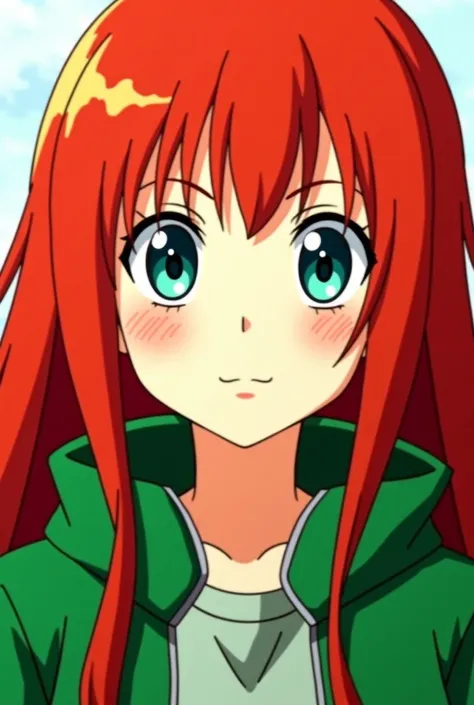 a close up of a person with long red hair and a green jacket, an anime drawing inspired by Tsuruko Yamazaki, tumblr, shin hanga, haruno sakura, sakura haruno, sakura haruno in slug sage mode, she has red hair, hinata hyuga, erza scarlet as a real person, a...