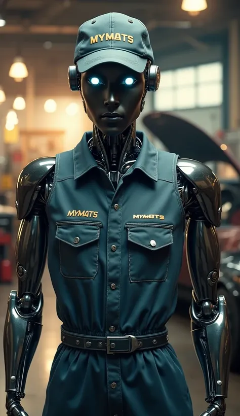 A highly detailed, futuristic robot mechanic standing in an automotive repair shop, captured from the head to the waist, looking directly into the camera with a confident and professional stance. The robot has a sleek yet industrial humanoid design, featur...