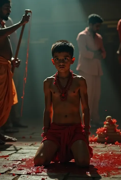 Low angle, slow motion:** In a dimly lit temple courtyard at night, a  boy, his body glistening with oil, kneels on the cold stone floor. He is bare-chested, wearing a red loincloth, a sindoor tilak on his forehead, and a thin red hibiscus garland around h...