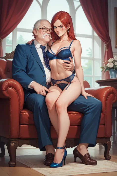 a young female angry sorceress with straight red hair, wearing a tight dark blue lingerie with exposed chest and blue high heels, getting groped by a grinning lusty old man with a bulge in his pants.