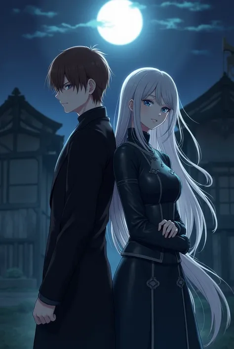 Japanese Anime style  Moonlight dark night noble house　Two men and women　Back to Back　Men in black long suits he has brown hair and dark eyes 　Women&#39;s she has silver hair blue eyes crossing her arm a knight outfit　breast enhancement　We don&#39;t 　anoth...