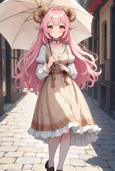 anime illustration,in classic beautiful old narrow of Prague of Czech,stone paving,solo,a elegant woman\(big eyes,sparkling eyes,details of eyes,thick eyebrows,long fluffy hair,soft pink hair,elegant hair,small sheep circle horns attached on her head,light...