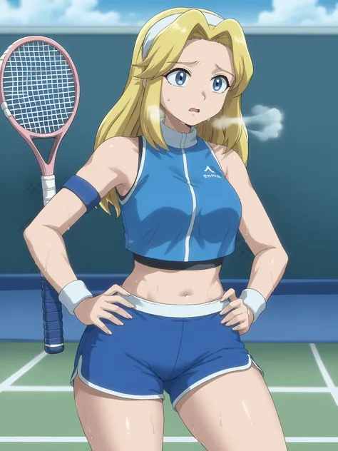 sxsgdbmaria, blonde hair, source_anime, source_anime, score_8_up, GlamorShots_PDXL
tennis, sports bra, shorts, tennis racket, sweatbands, out of breath, sweaty, hands on hips, open mouth, thicc thighs, thicc body 