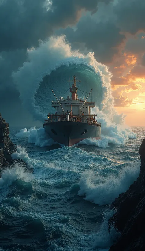 "A massive oil tanker struggles against a colossal rogue wave in the middle of a dark and stormy ocean. The gigantic wave towers over the ship, curling and crashing down with immense force. The ship's deck is detailed with pipes, machinery, and crew member...