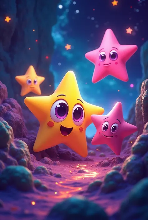  An animated and vibrant illustration showing three cartoonish stars in an altered reality.  Each star has large expressive eyes and flashes of psychedelic colors ,  with a surreal and modern touch .  The background presents a distorted cosmos , full of li...